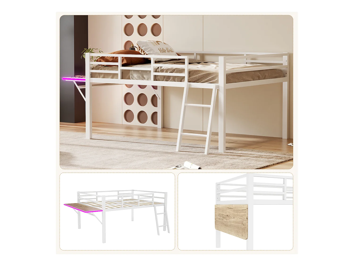 Lit plat, 140x200 cm, lit en métal avec bureau, sans matelas, garde-corps, échelle, bande LED télécommandée, blanc (244x144x100 cm)