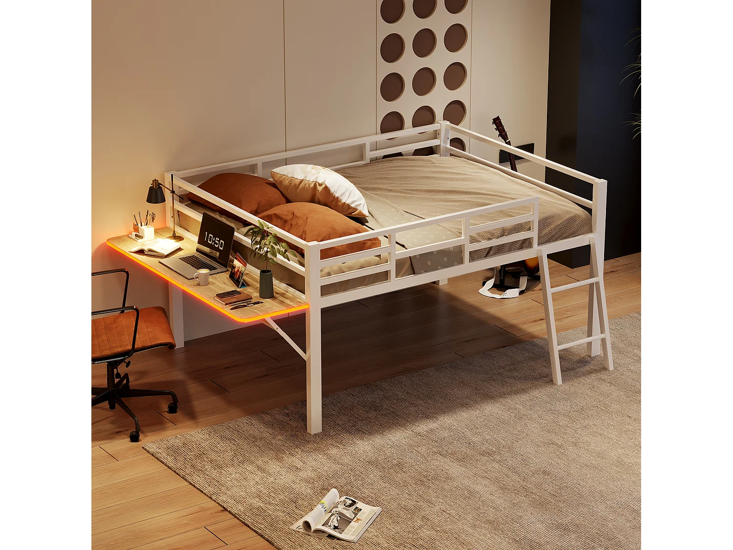 Lit plat, 140x200 cm, lit en métal avec bureau, sans matelas, garde-corps, échelle, bande LED télécommandée, blanc (244x144x100 cm)