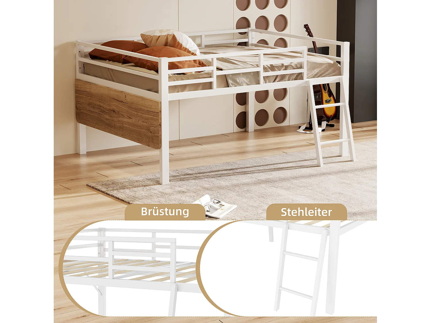 Lit plat, 140x200 cm, lit en métal avec bureau, sans matelas, garde-corps, échelle, bande LED télécommandée, blanc (244x144x100 cm)