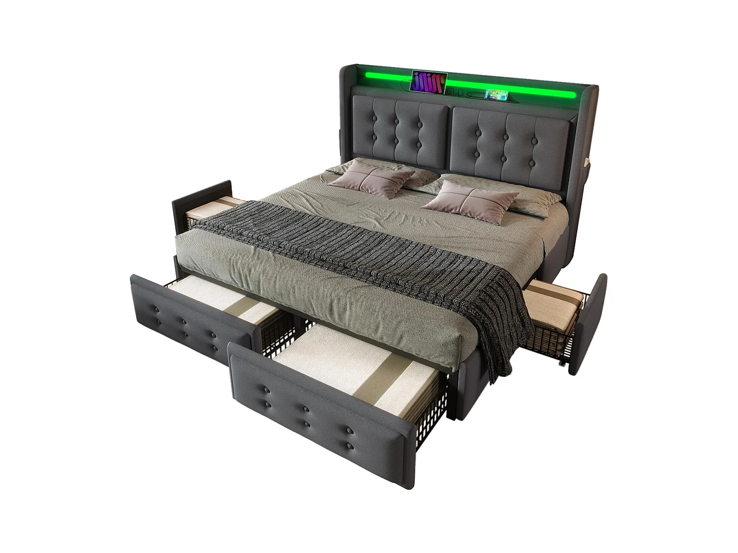 Lit 140x200 avec tête de lit LED, USB et Type C, 4 tiroirs, structure en bois et métal, gris (220x168x106 cm)