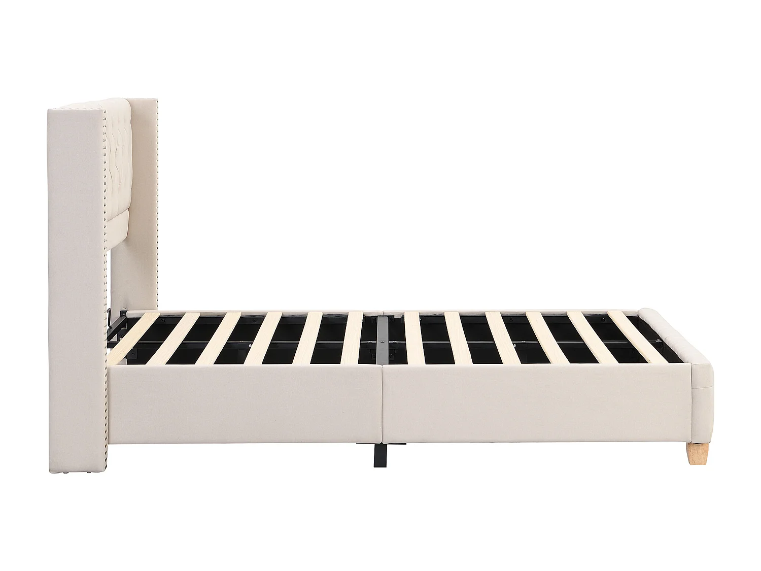 Cama con almacenaje, cabecero tapizado, lino, beige (180x200 cm)