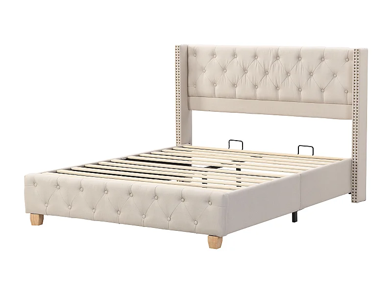 Cama con almacenaje, cabecero tapizado, lino, beige (180x200 cm)