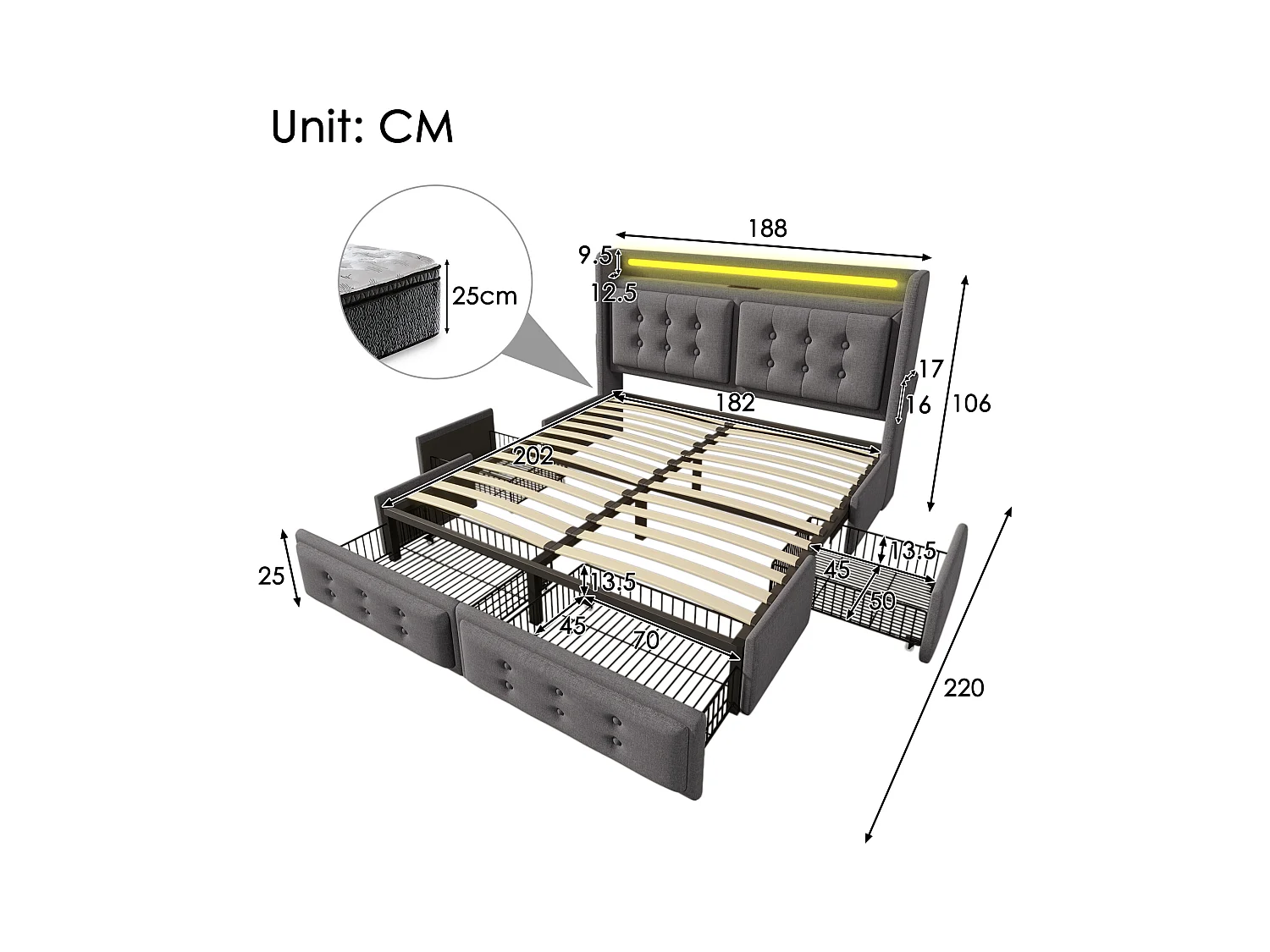 Lit double 180x200 avec tête de lit LED, ports USB-C, 4 tiroirs de rangement, cadre en bois et métal, beige, (220x188x106 cm)