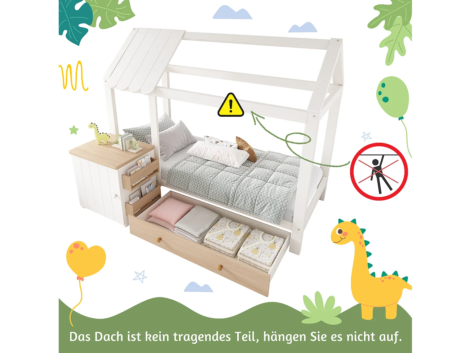 Kinderbed in de vorm van een huis 90x200 cm, houten frame met lades en uitneembaar nachtkastje, wit en licht eiken (162x205x176 cm)