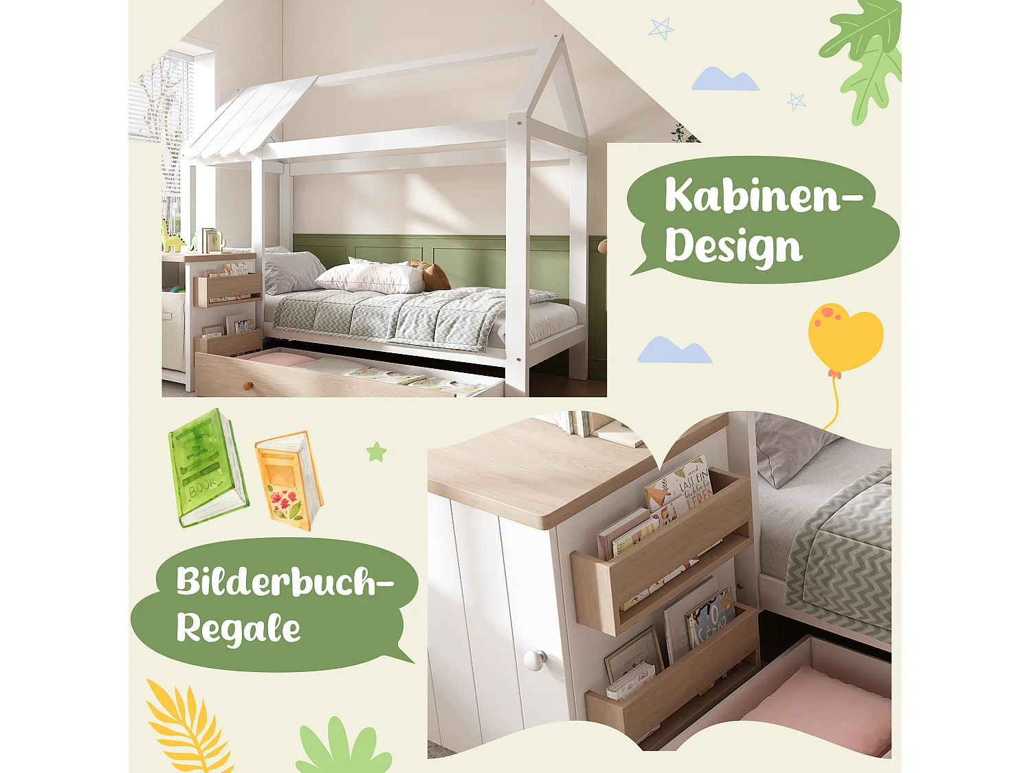 Kinderbed in de vorm van een huis 90x200 cm, houten frame met lades en uitneembaar nachtkastje, wit en licht eiken (162x205x176 cm)