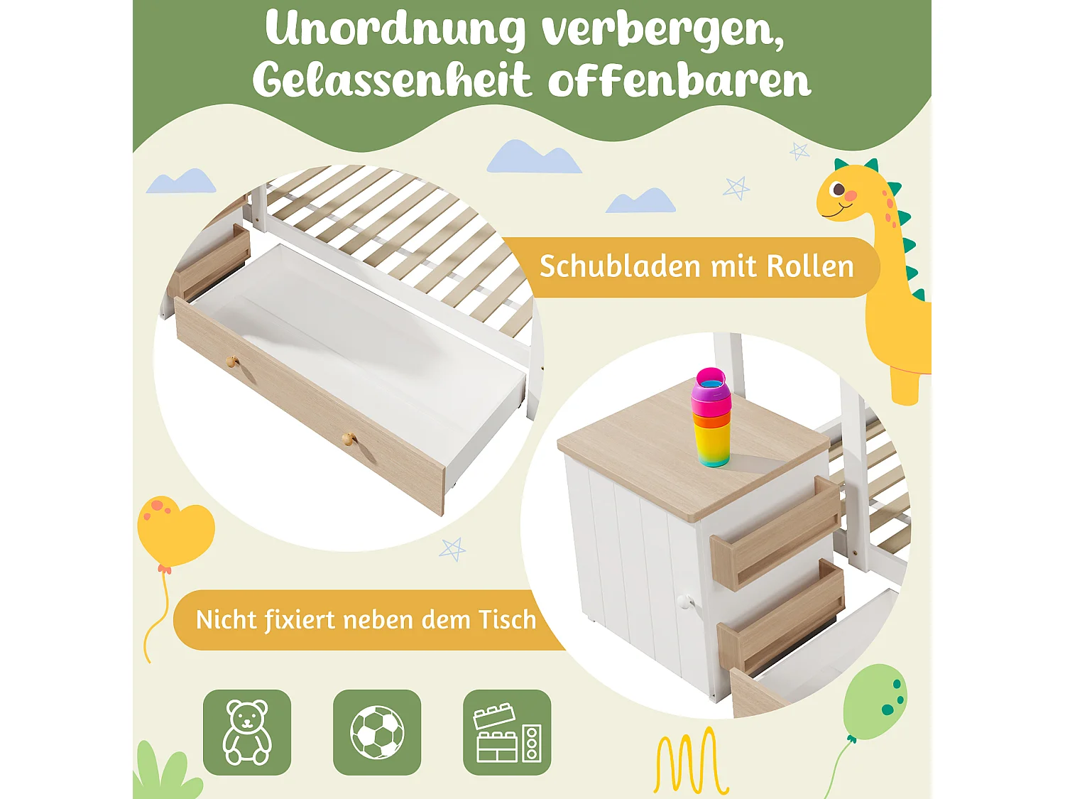 Kinderbed in de vorm van een huis 90x200 cm, houten frame met lades en uitneembaar nachtkastje, wit en licht eiken (162x205x176 cm)