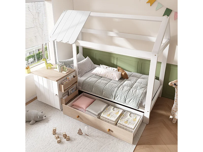 Kinderbed in de vorm van een huis 90x200 cm, houten frame met lades en uitneembaar nachtkastje, wit en licht eiken (162x205x176 cm)