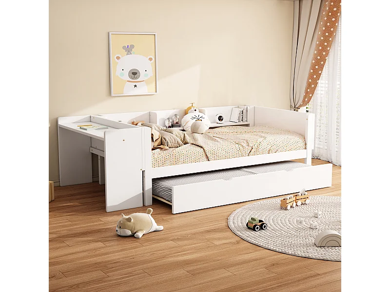 Vlak bed 90x200 cm, met opklapbed, geïntegreerd bureau, drie zijplanken, in grenen, wit (241,9x112x73 cm)
