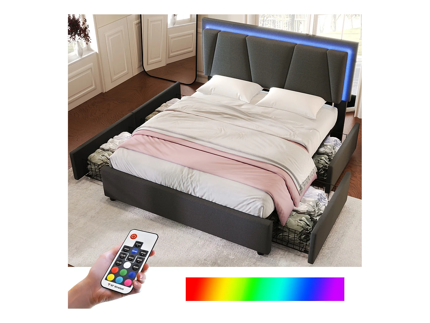 Bed met LED en 4 lades, verstelbaar hoofdeinde, houten frame, 140x200 cm, grijs (207x149x102 cm)