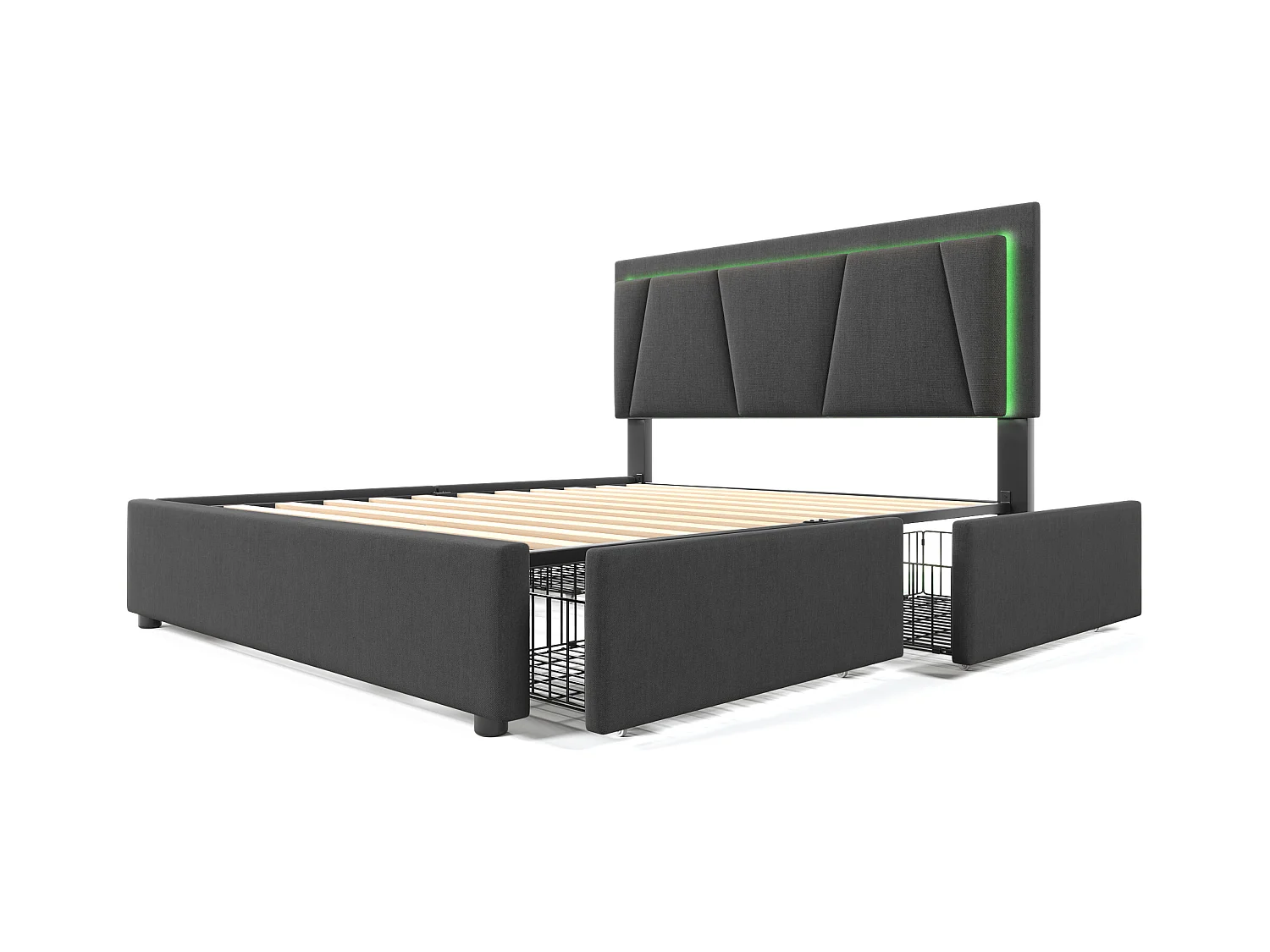 Bed met LED en 4 lades, verstelbaar hoofdeinde, houten frame, 140x200 cm, grijs (207x149x102 cm)