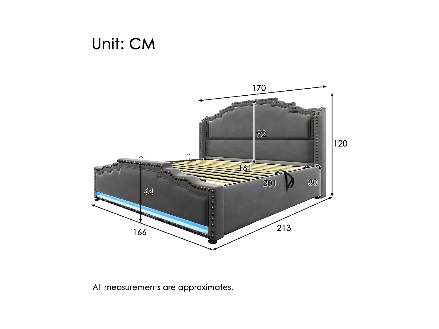 Lit avec coffre hydraulique, LED et USB-C, cadre en velours gris, 160x200 cm (avec matelas)