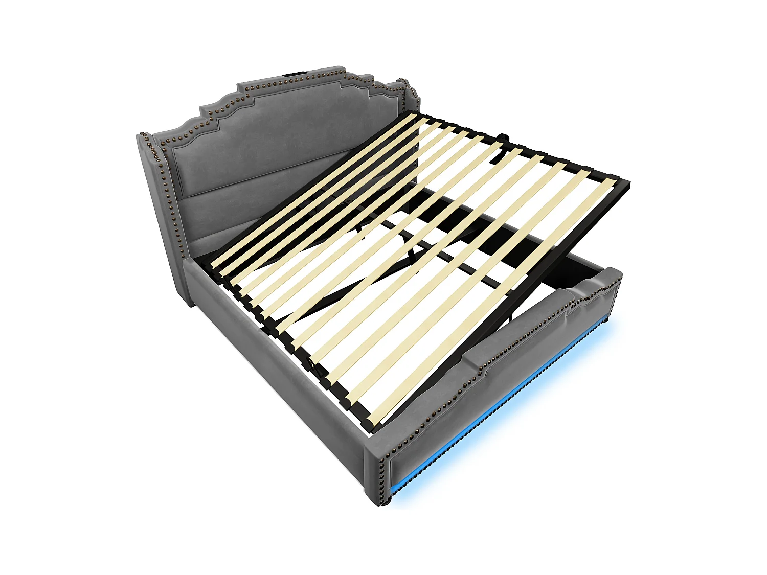 Lit avec coffre hydraulique, LED et USB-C, cadre en velours gris, 160x200 cm (avec matelas)