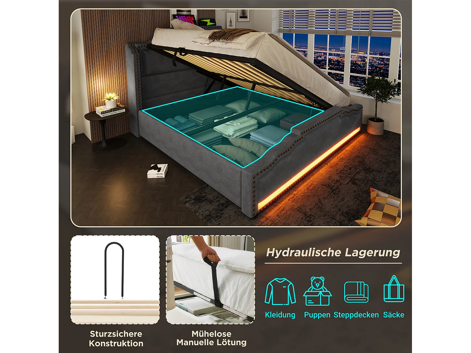 Lit avec coffre hydraulique, LED et USB-C, cadre en velours gris, 160x200 cm (avec matelas)