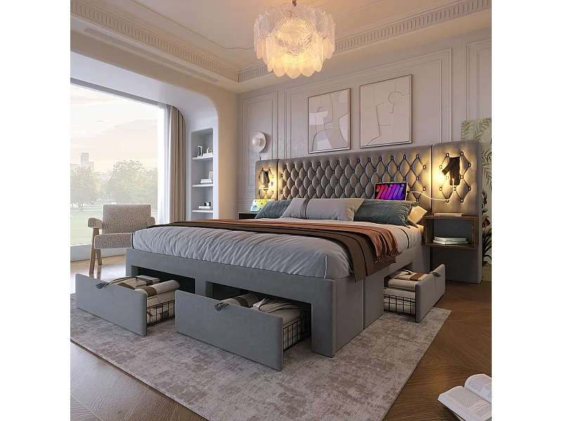 Lit 180x200 cm avec 2 tables de nuit et 4 tiroirs, tête de lit avec éclairage et ports USB, en velours gris (243x211x106 cm)