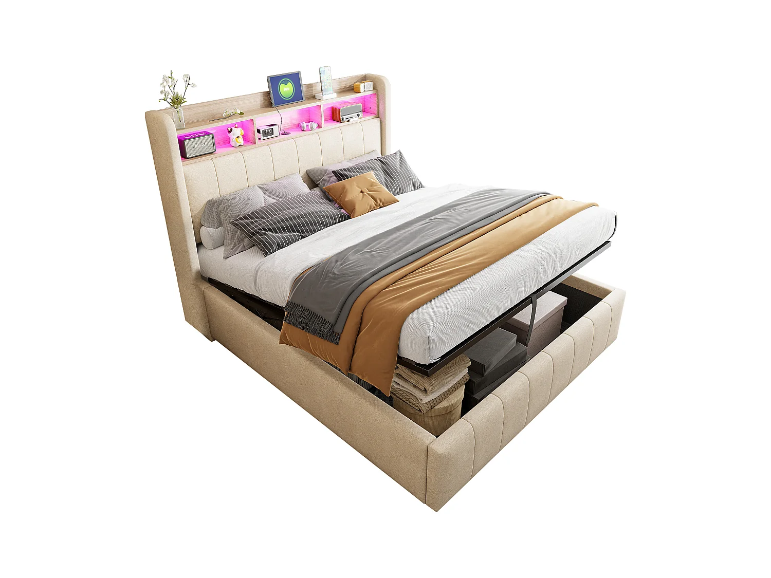 Lit 140x200 cm avec LED, USB, tête de lit avec étagères et rangement, hydraulique, cadre métal, tissu lin beige (212.5x140x111 cm)