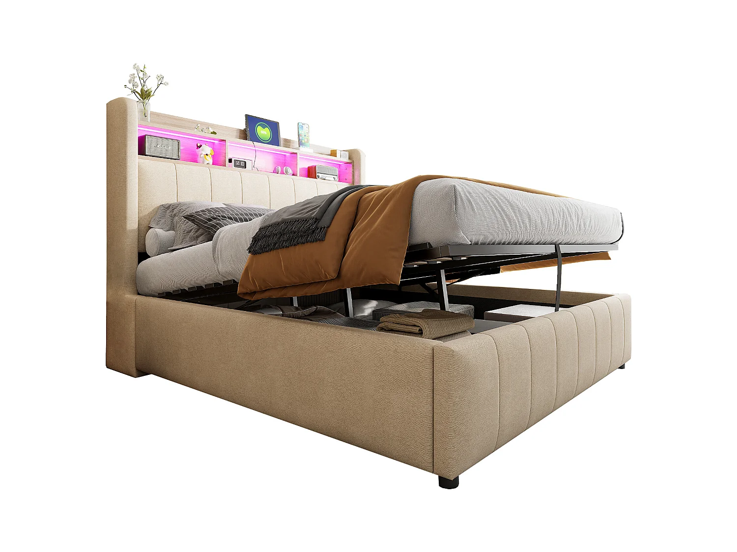 Lit 140x200 cm avec LED, USB, tête de lit avec étagères et rangement, hydraulique, cadre métal, tissu lin beige (212.5x140x111 cm)