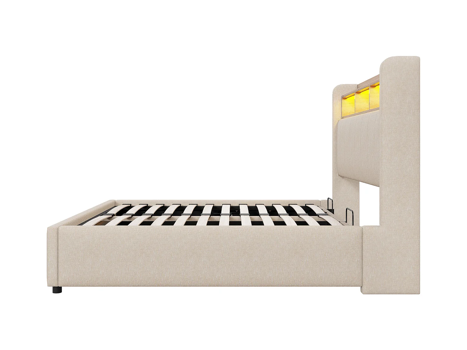 Lit 140x200 cm avec LED, USB, tête de lit avec étagères et rangement, hydraulique, cadre métal, tissu lin beige (212.5x140x111 cm)