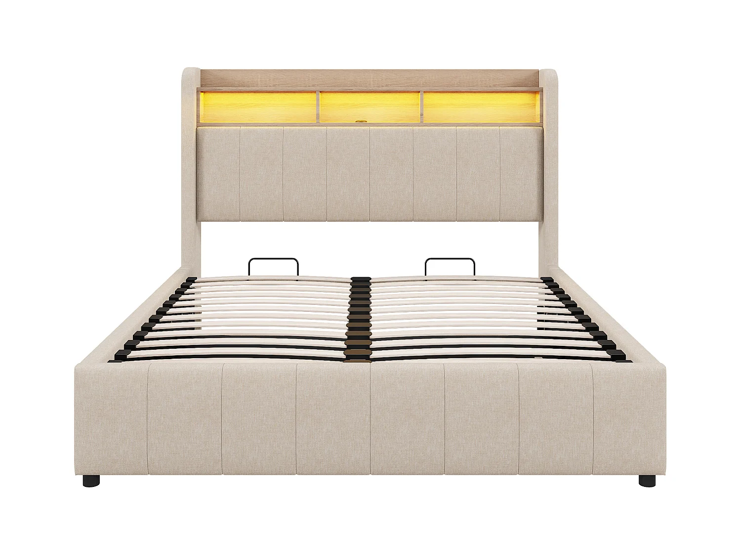 Lit 140x200 cm avec LED, USB, tête de lit avec étagères et rangement, hydraulique, cadre métal, tissu lin beige (212.5x140x111 cm)