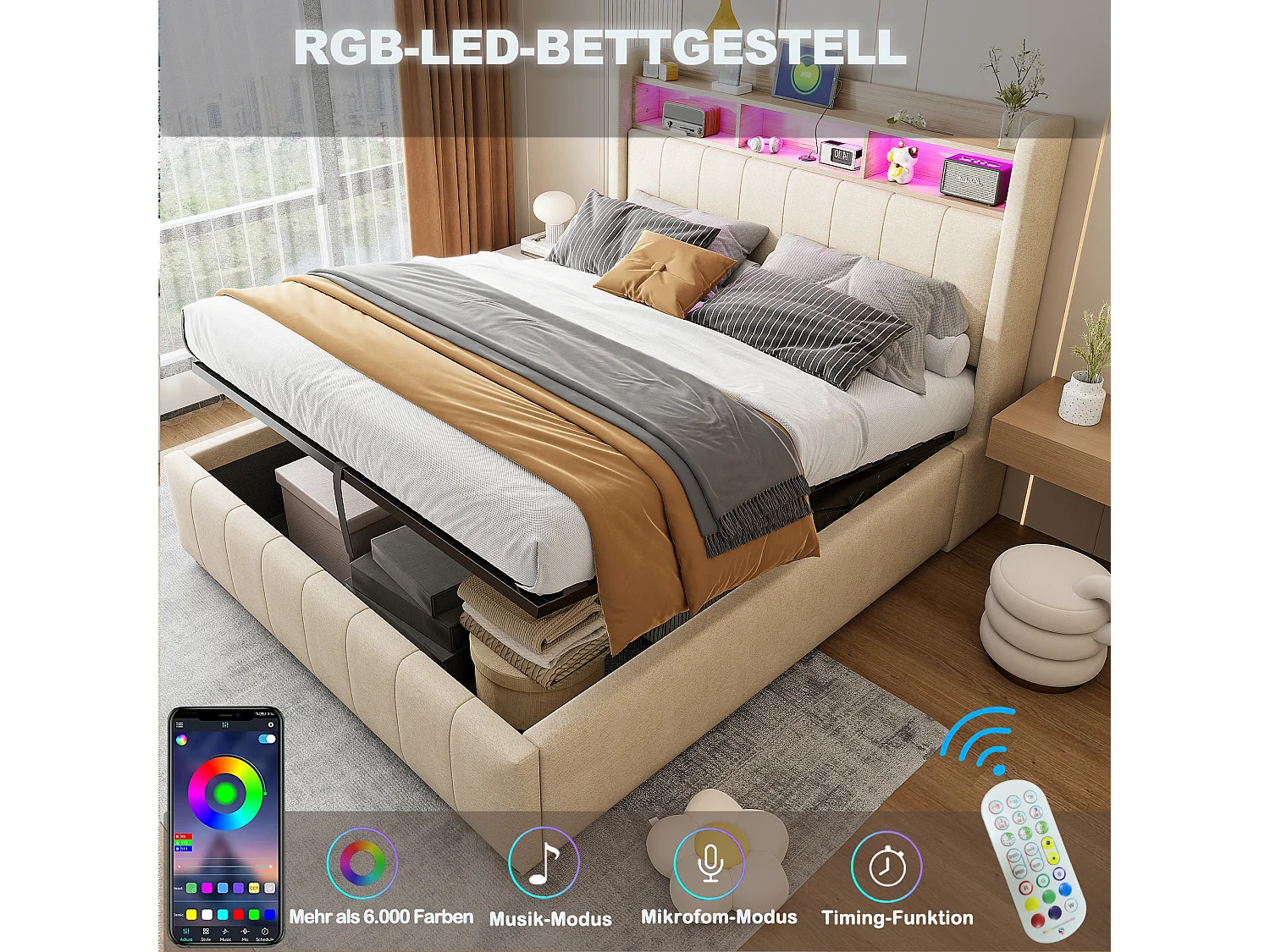 Lit 140x200 cm avec LED, USB, tête de lit avec étagères et rangement, hydraulique, cadre métal, tissu lin beige (212.5x140x111 cm)