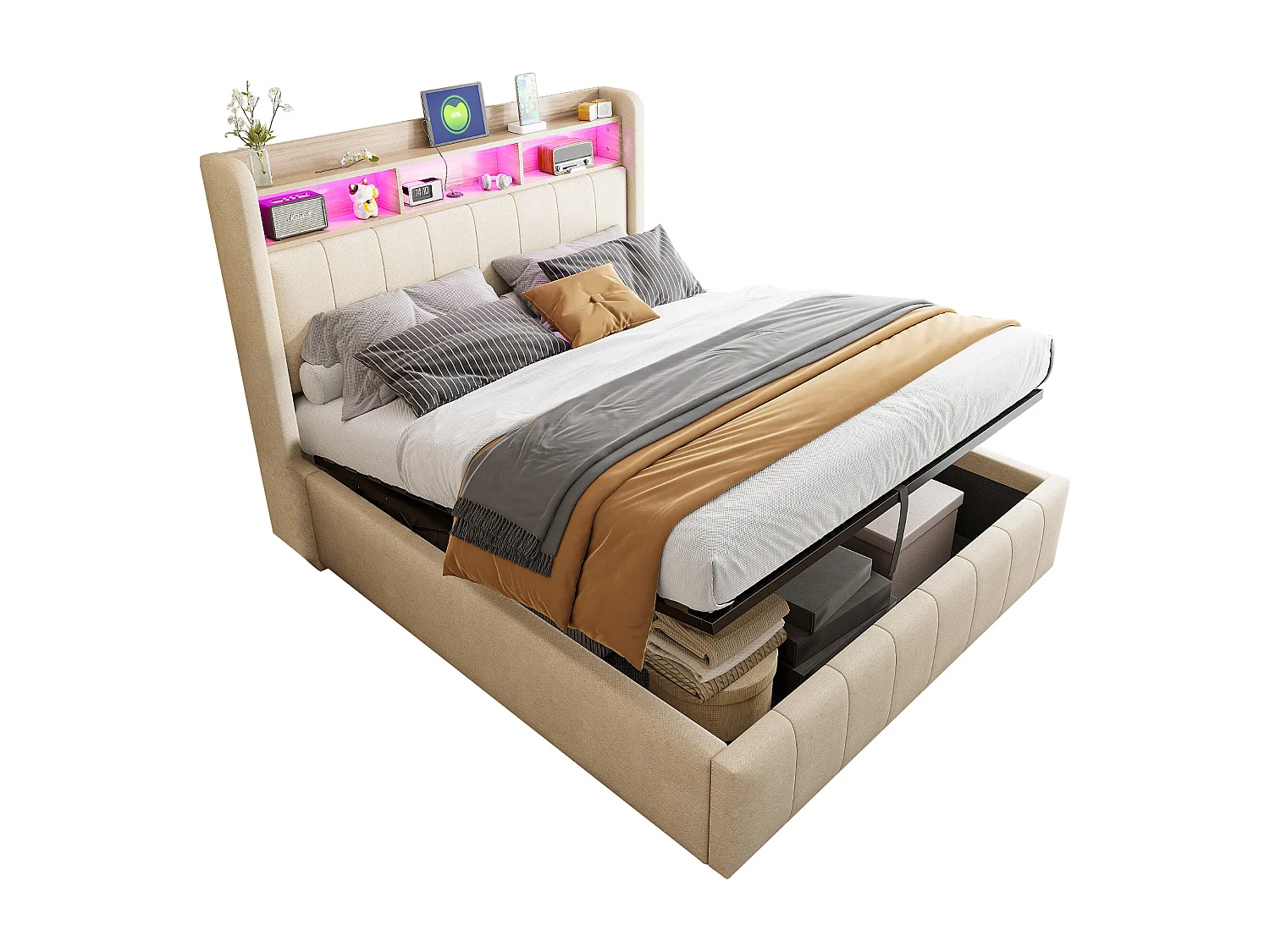 Lit 140x200 cm avec LED, USB, tête de lit avec étagères et rangement, hydraulique, cadre métal, tissu lin beige (212.5x140x111 cm)