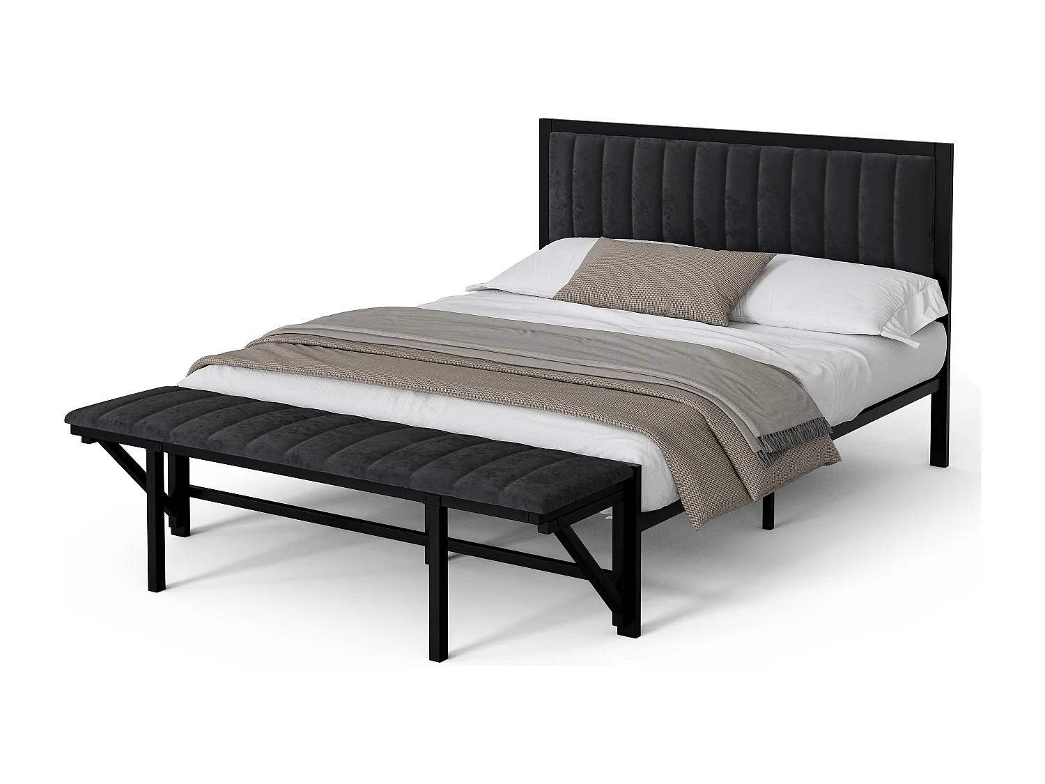 Lit avec banc rabattable, cadre en métal, velours, gris foncé, 160x200 cm (215x167x108 cm)