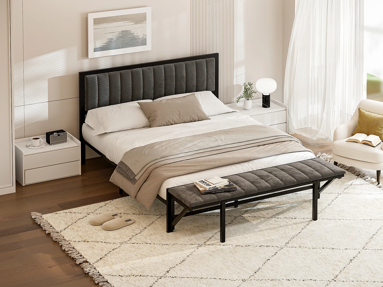 Lit avec banc rabattable, cadre en métal, velours, gris foncé, 160x200 cm (215x167x108 cm)