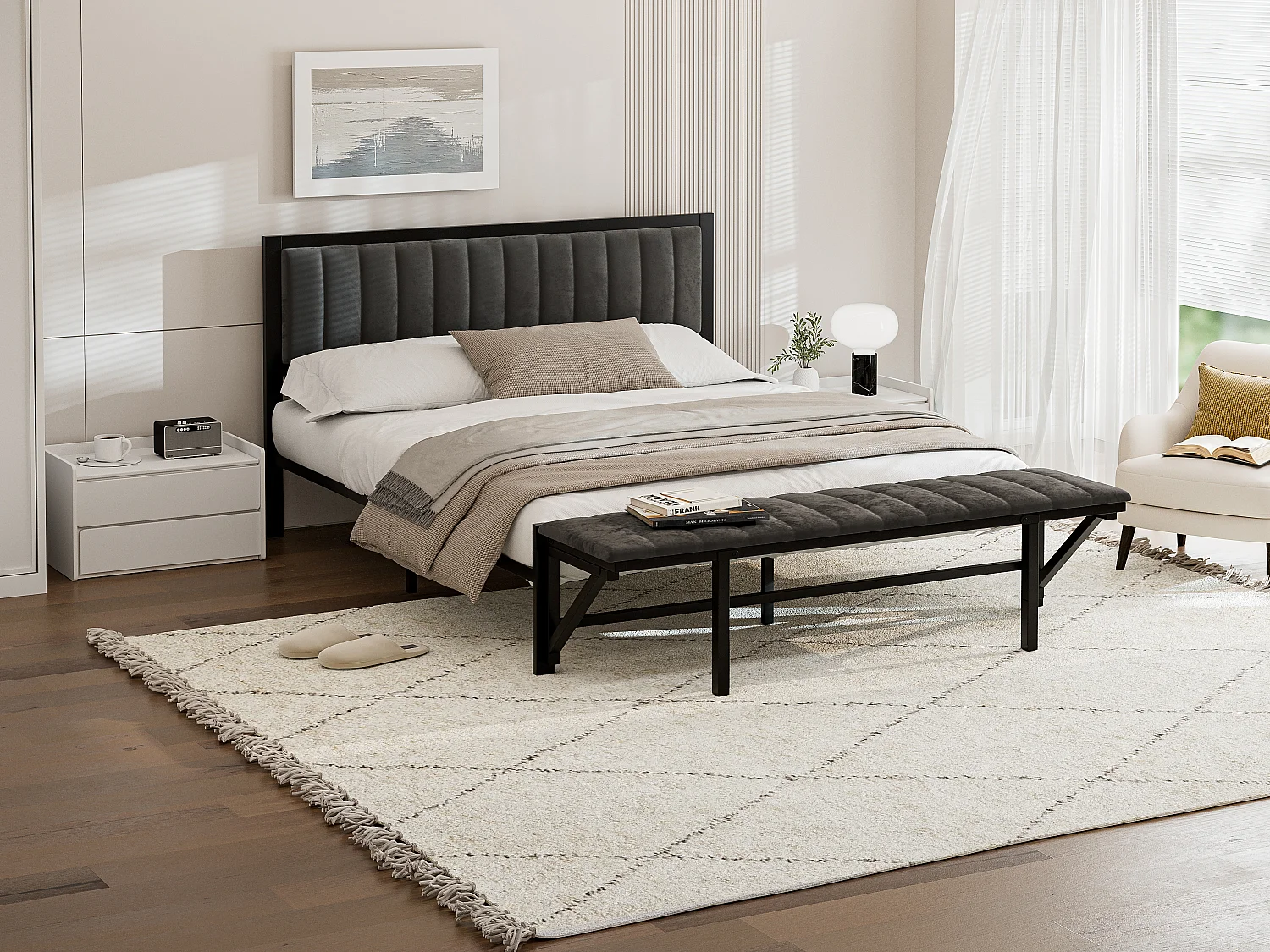 Lit avec banc rabattable, cadre en métal, velours, gris foncé, 160x200 cm (215x167x108 cm)