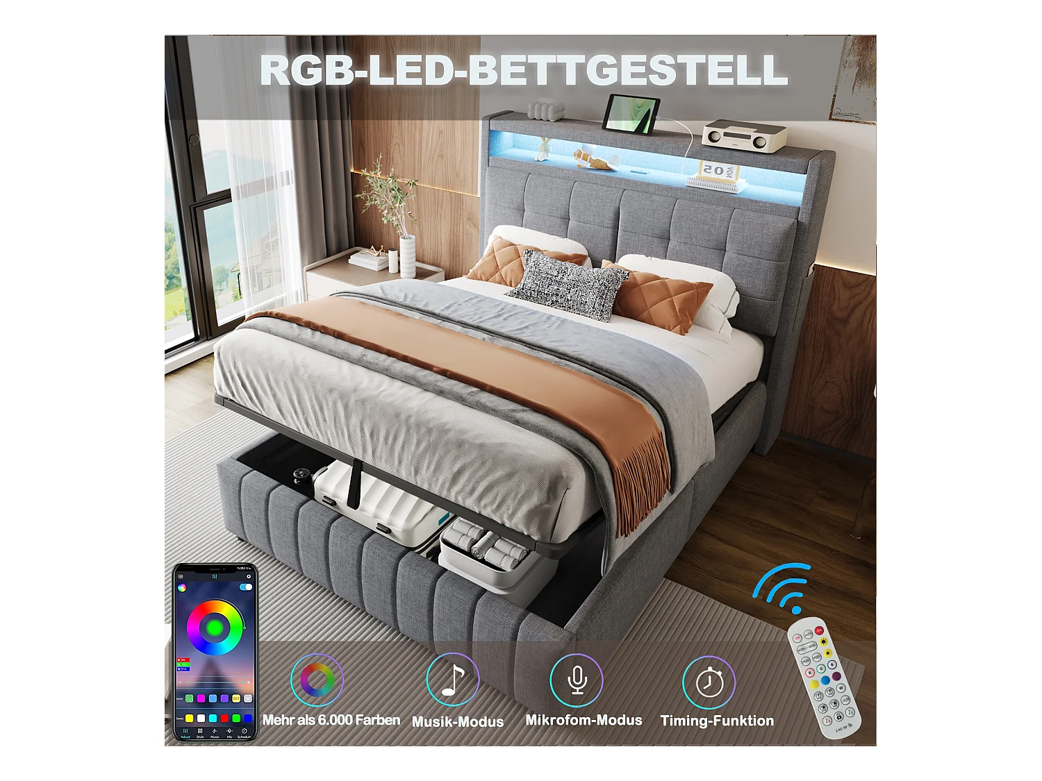 Lit 140x200 cm avec LED, USB, tête de lit avec étagères et rangement, hydraulique, cadre métal, tissu lin gris (213x147x110.5 cm)