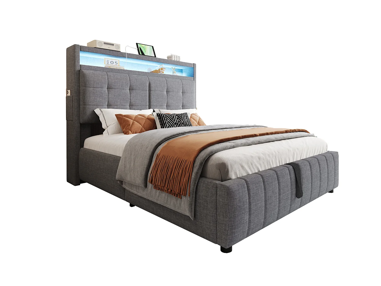 Lit 140x200 cm avec LED, USB, tête de lit avec étagères et rangement, hydraulique, cadre métal, tissu lin gris (213x147x110.5 cm)