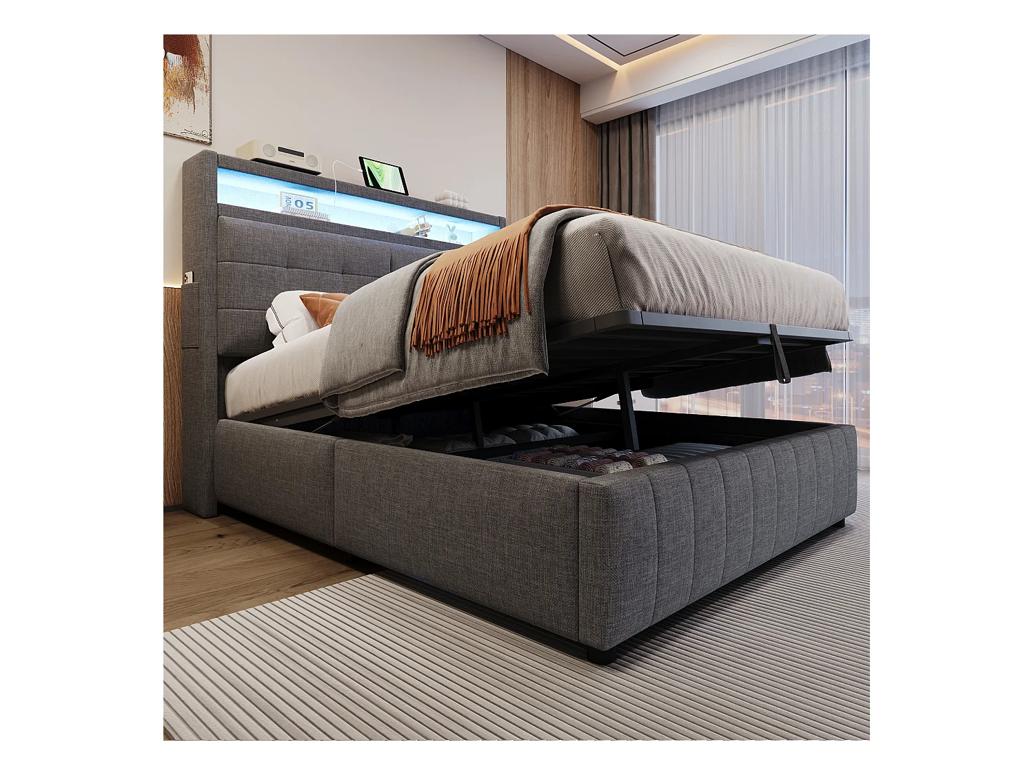 Cama 140x200 cm con LED, USB, cabecero con baldas y almacenaje, hidráulica, estructura de metal, tejido de lino gris (213x147x110,5 cm)