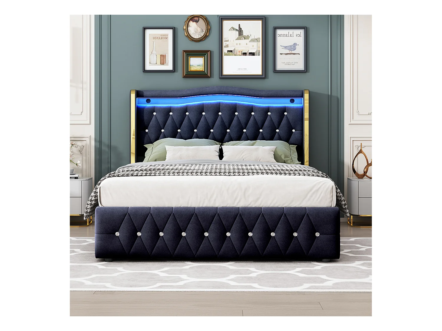 Lit avec LED multicolores, tête de lit avec accents en losange, rangement hydraulique, tissu en velours, gris (140x200 cm)