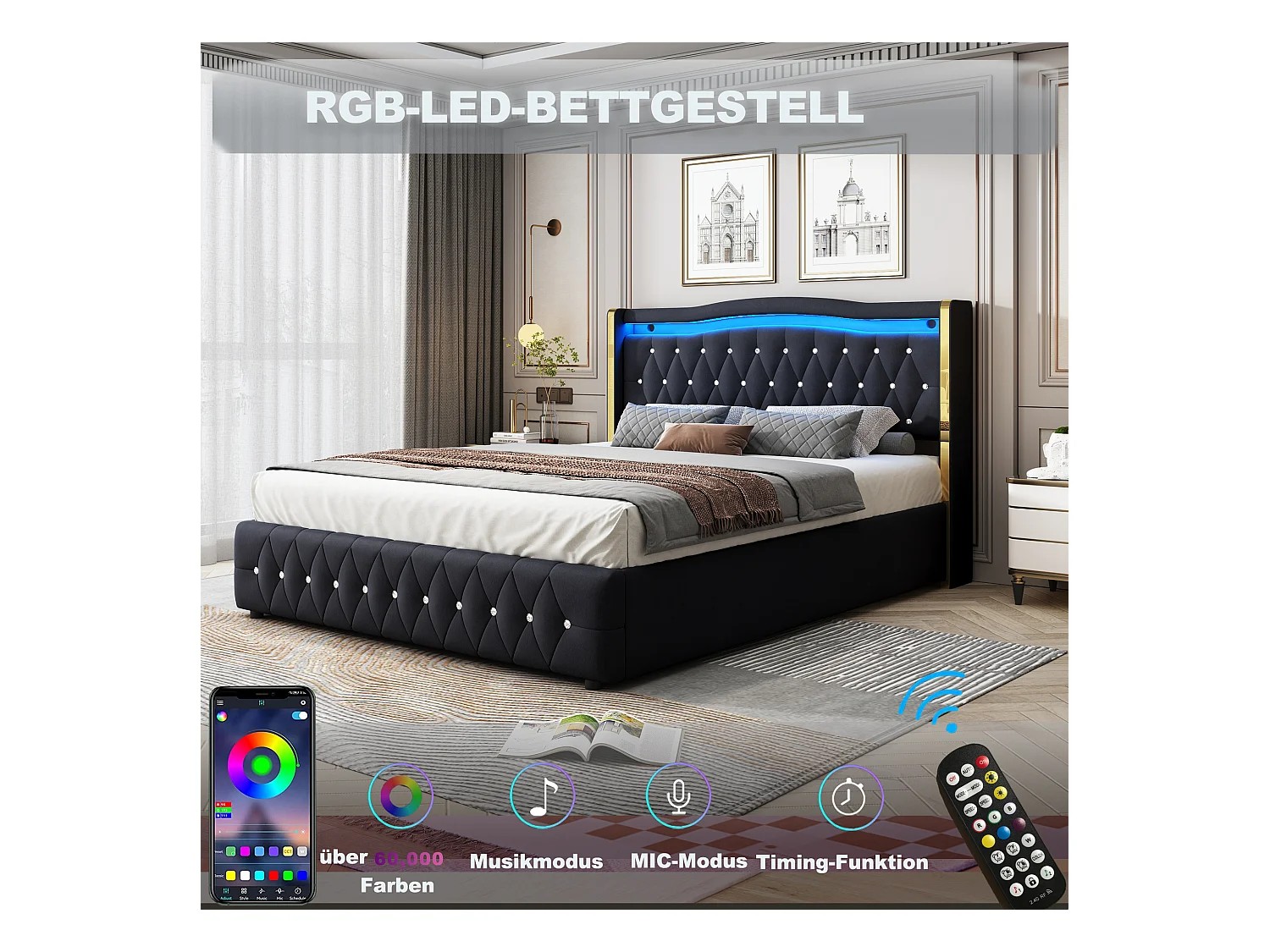 Lit avec LED multicolores, tête de lit avec accents en losange, rangement hydraulique, tissu en velours, gris (140x200 cm)