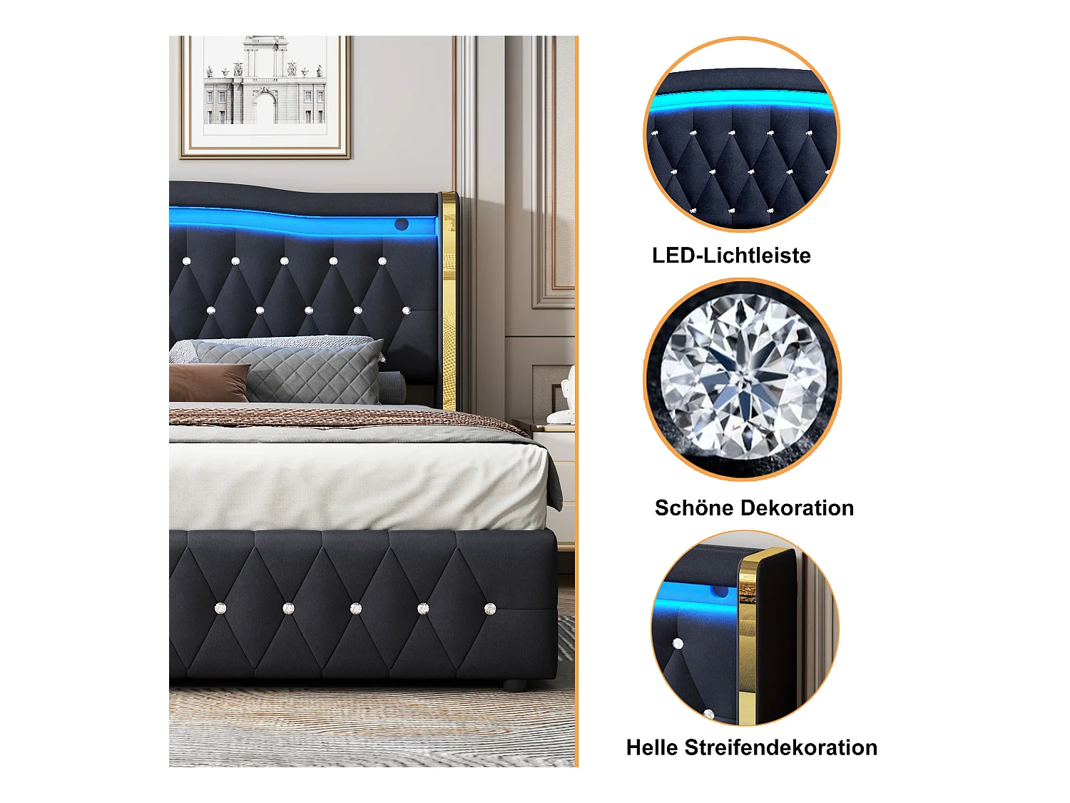 Lit avec LED multicolores, tête de lit avec accents en losange, rangement hydraulique, tissu en velours, gris (140x200 cm)