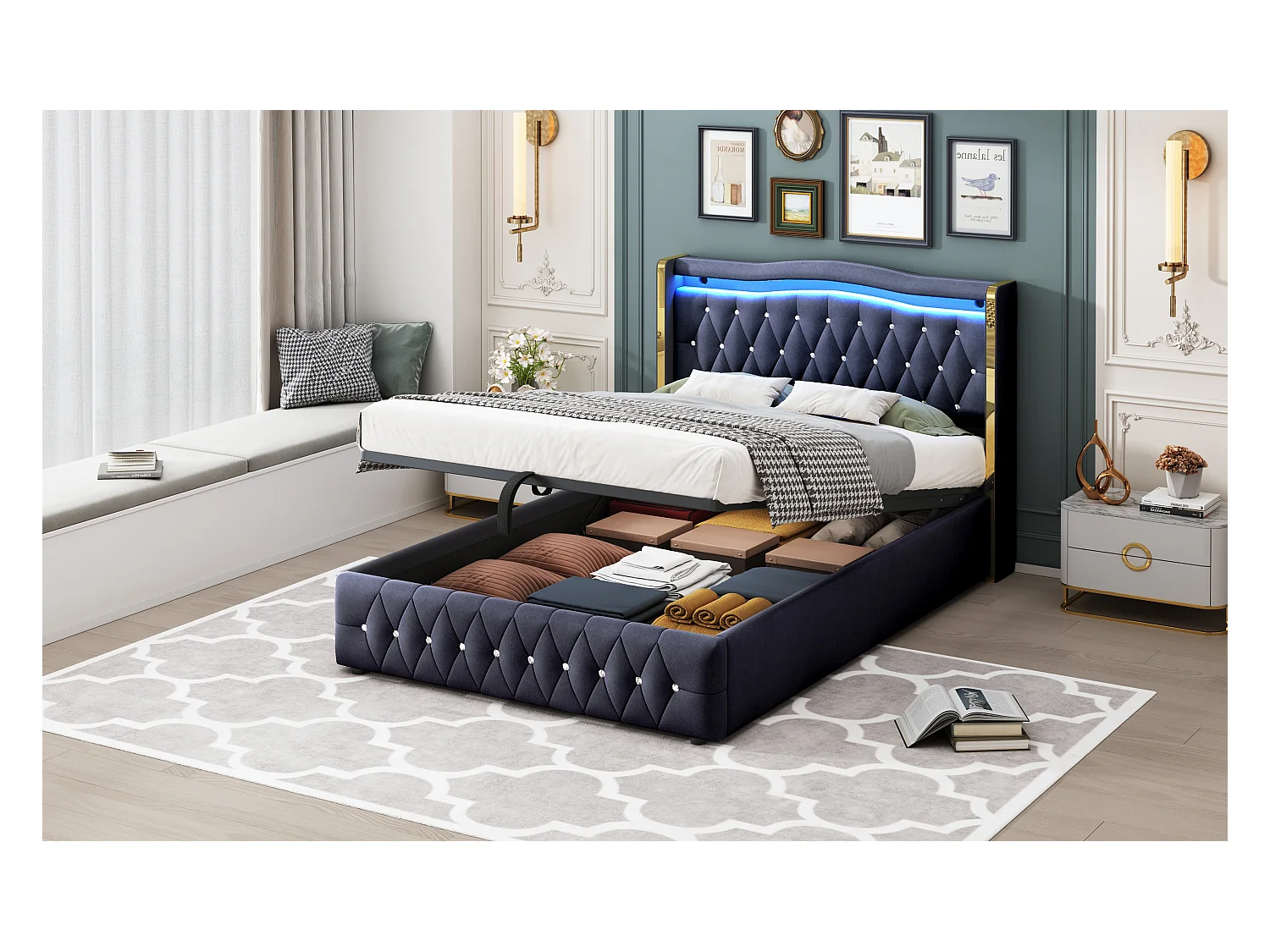Lit avec LED multicolores, tête de lit avec accents en losange, rangement hydraulique, tissu en velours, gris (140x200 cm)