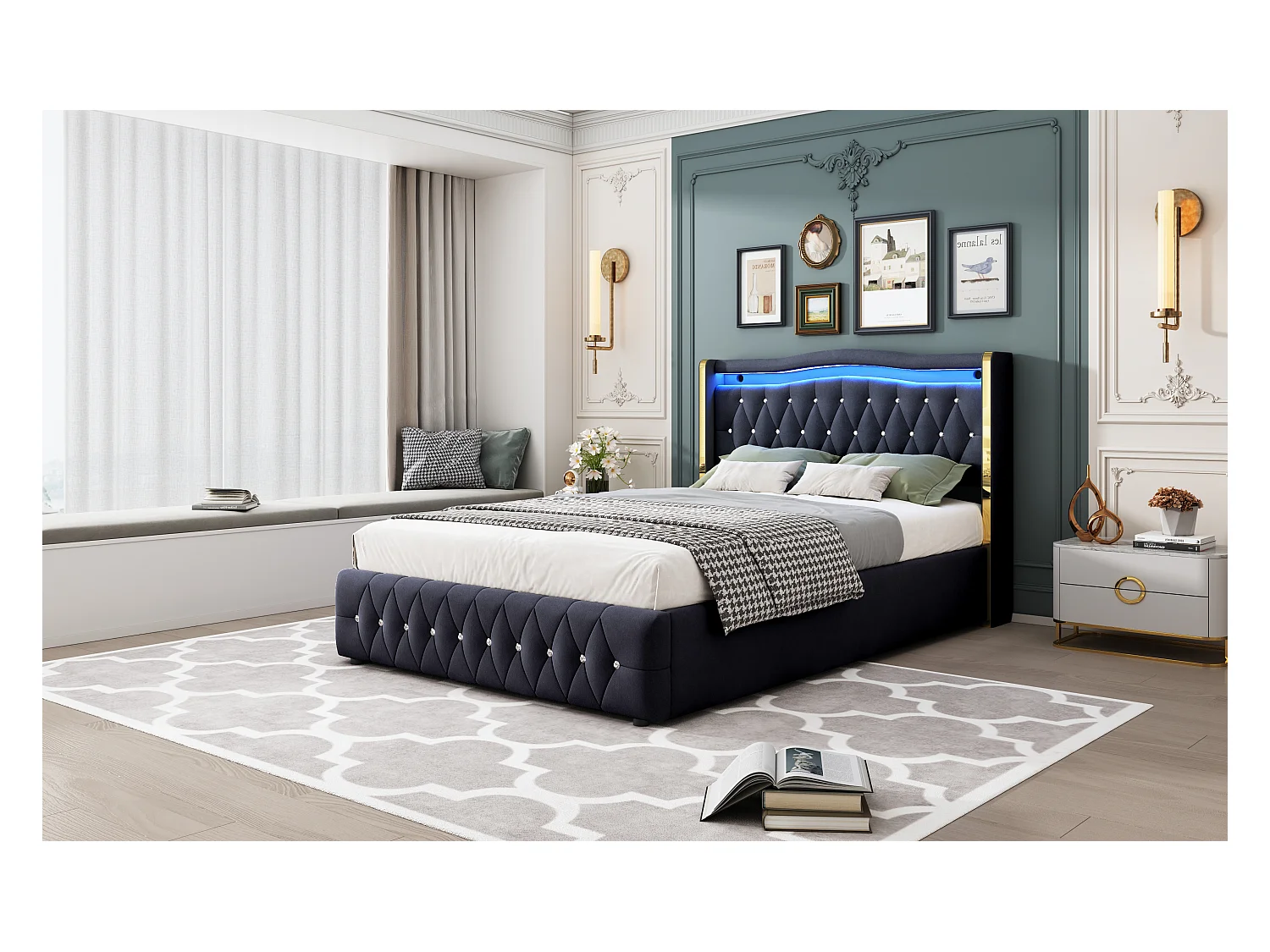 Lit avec LED multicolores, tête de lit avec accents en losange, rangement hydraulique, tissu en velours, gris (140x200 cm)