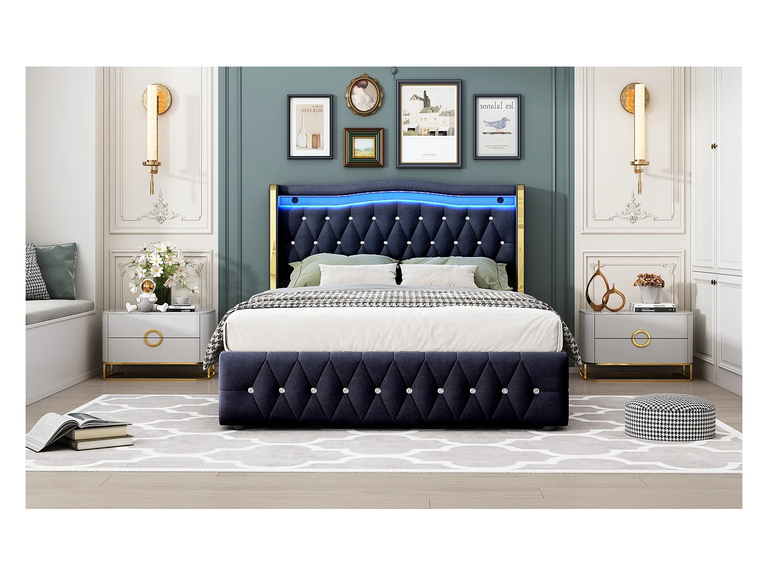 Lit avec LED multicolores, tête de lit avec accents en losange, rangement hydraulique, tissu en velours, gris (140x200 cm)