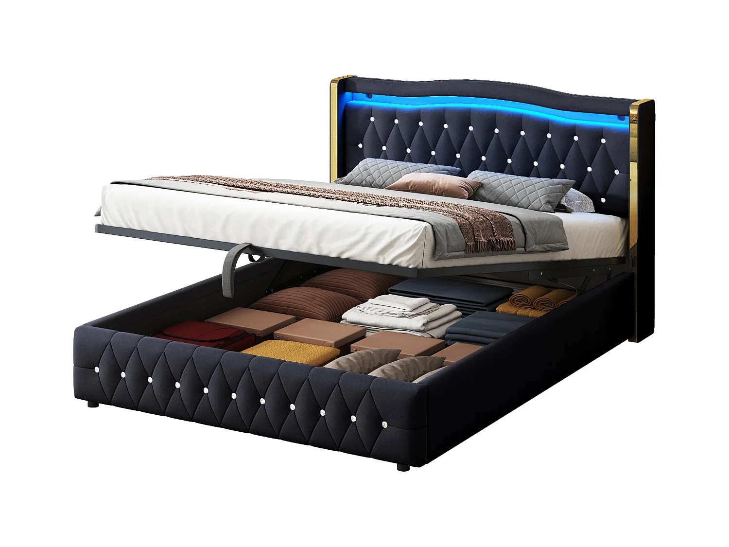 Lit avec LED multicolores, tête de lit avec accents en losange, rangement hydraulique, tissu en velours, gris (140x200 cm)