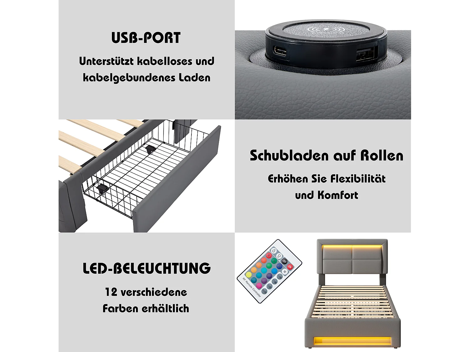 Lit 90x190 cm avec USB, LED et tiroirs, en PU gris (90x190x95 cm)