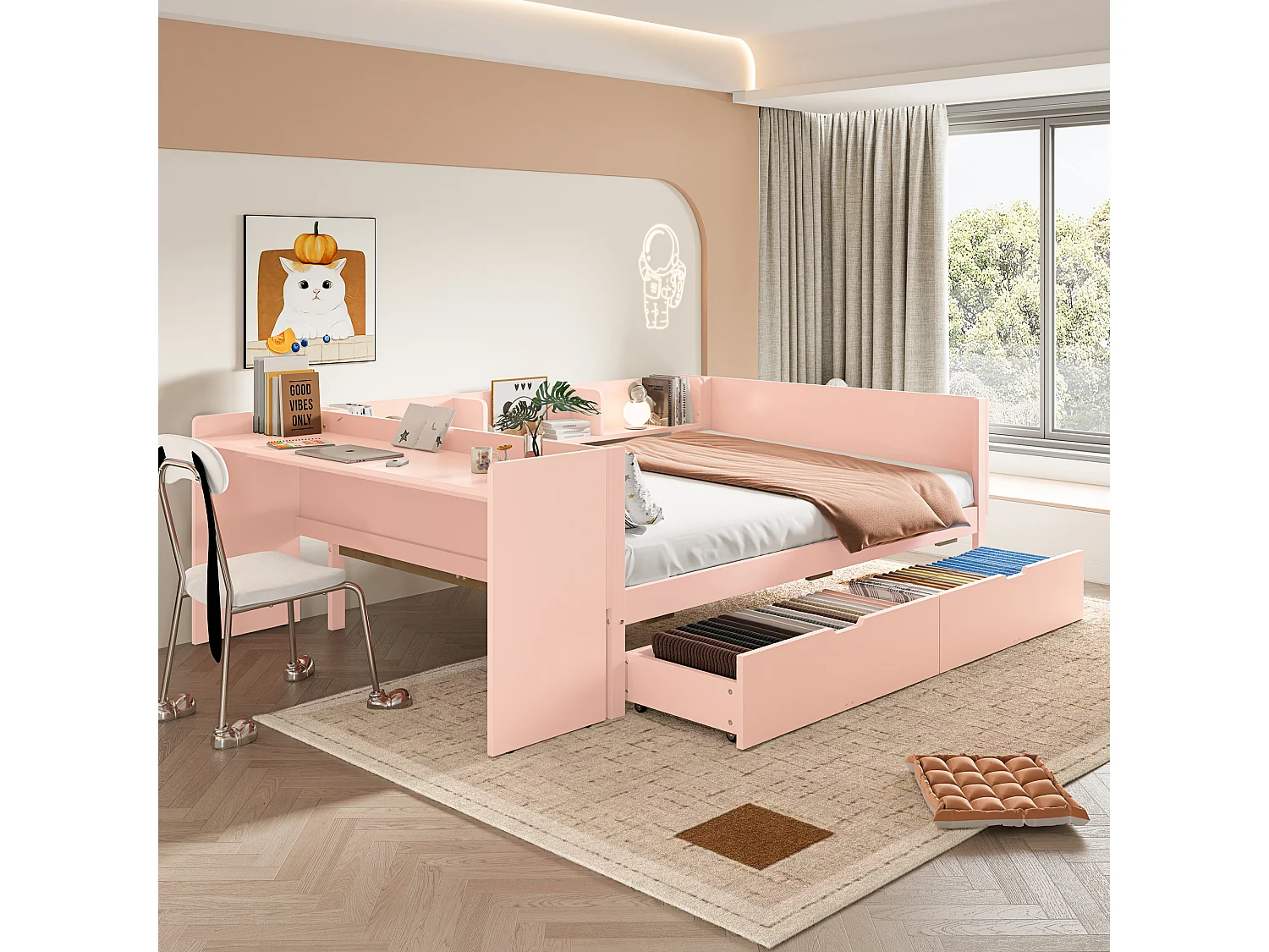 Lit avec Bureau et Rangements, Bois Massif, 140x200 cm, 2 Tiroirs, Étagères, Design Rose (242x164x73 cm)