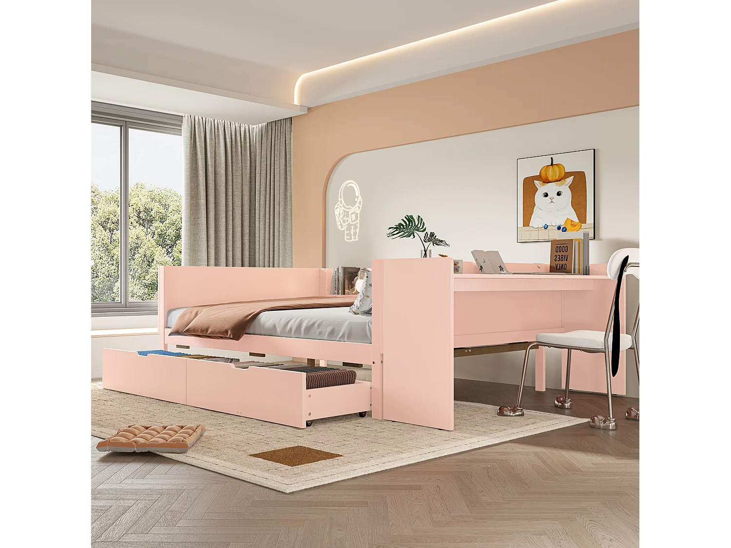 Lit avec Bureau et Rangements, Bois Massif, 140x200 cm, 2 Tiroirs, Étagères, Design Rose (242x164x73 cm)