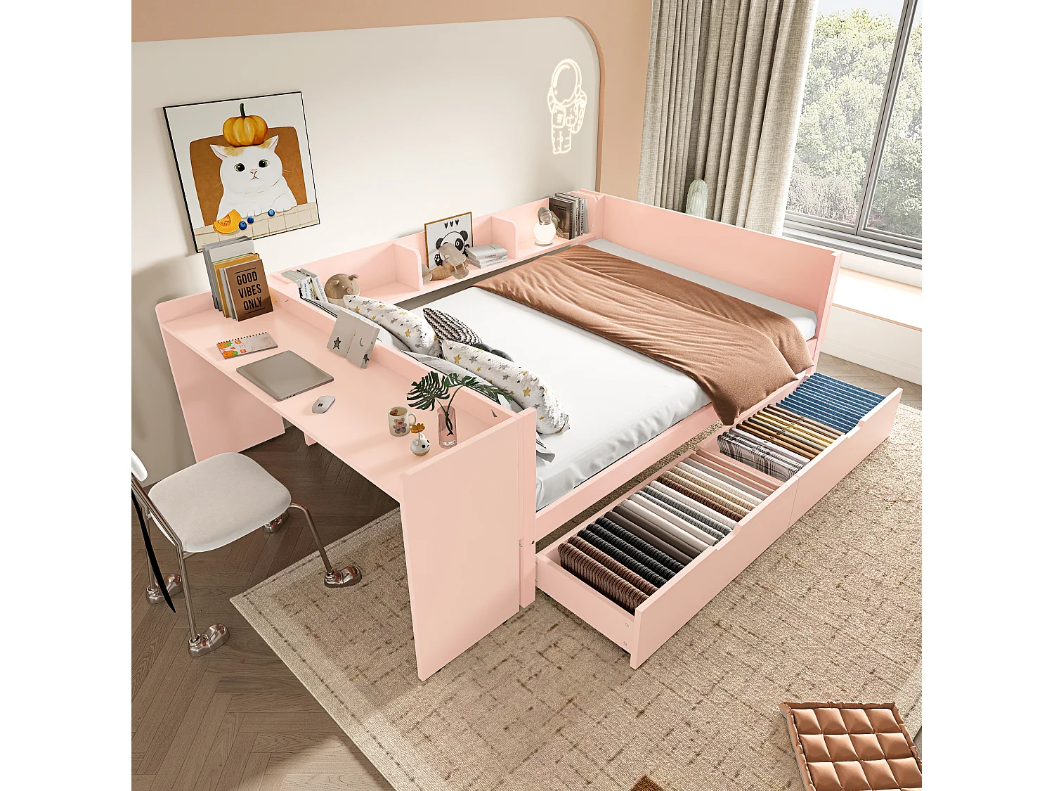 Lit avec Bureau et Rangements, Bois Massif, 140x200 cm, 2 Tiroirs, Étagères, Design Rose (242x164x73 cm)