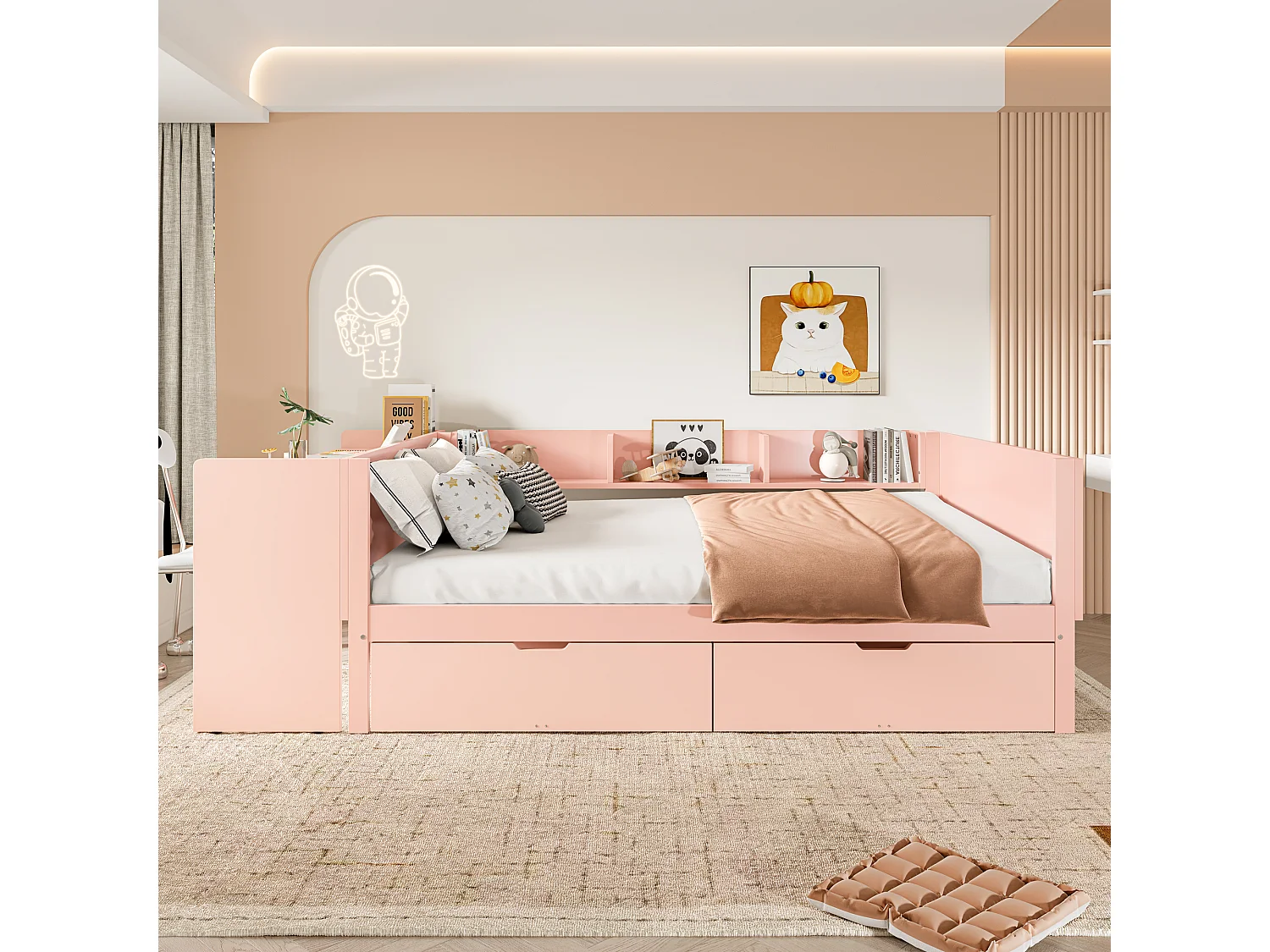 Lit avec Bureau et Rangements, Bois Massif, 140x200 cm, 2 Tiroirs, Étagères, Design Rose (242x164x73 cm)