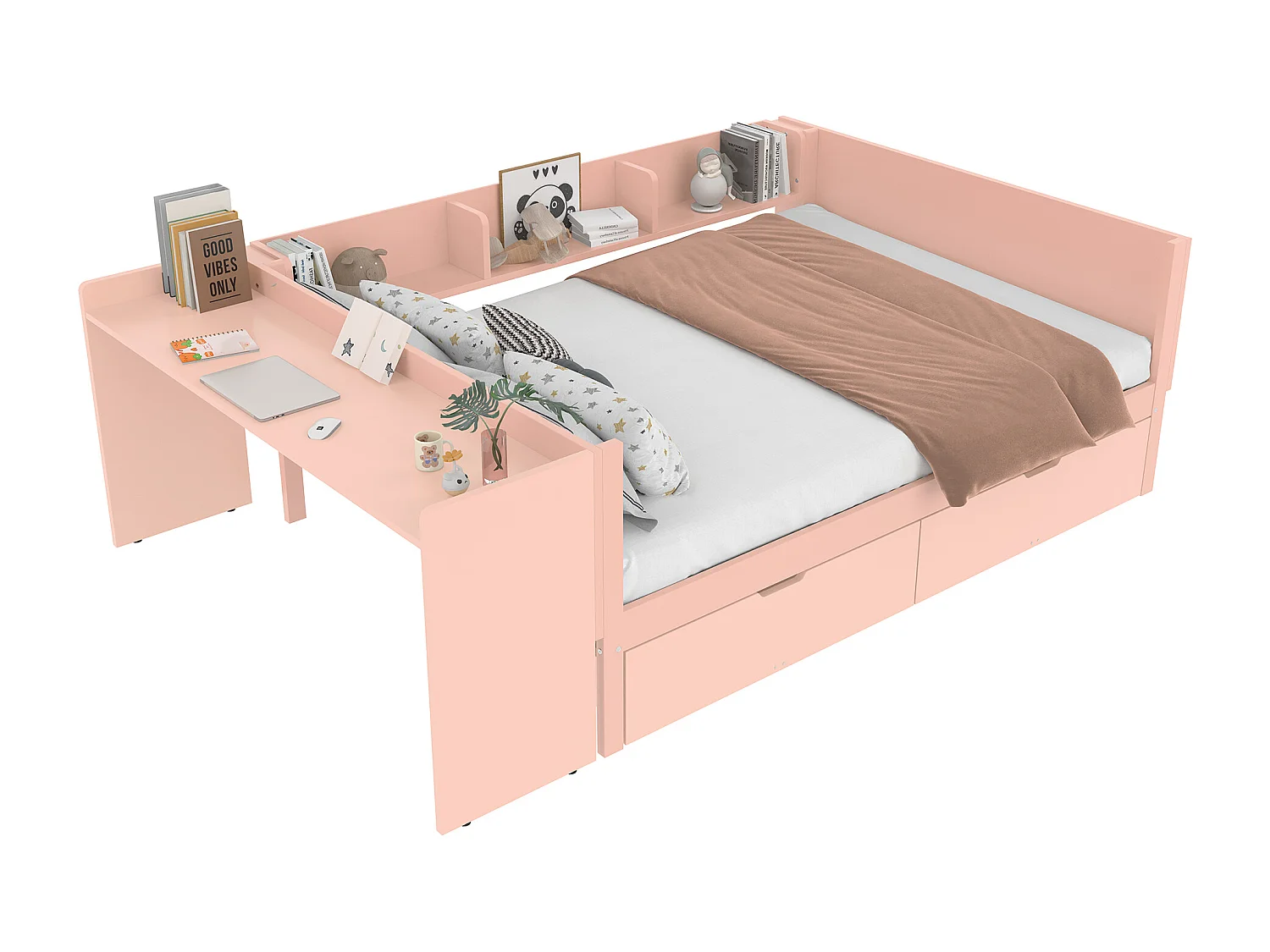 Lit avec Bureau et Rangements, Bois Massif, 140x200 cm, 2 Tiroirs, Étagères, Design Rose (242x164x73 cm)