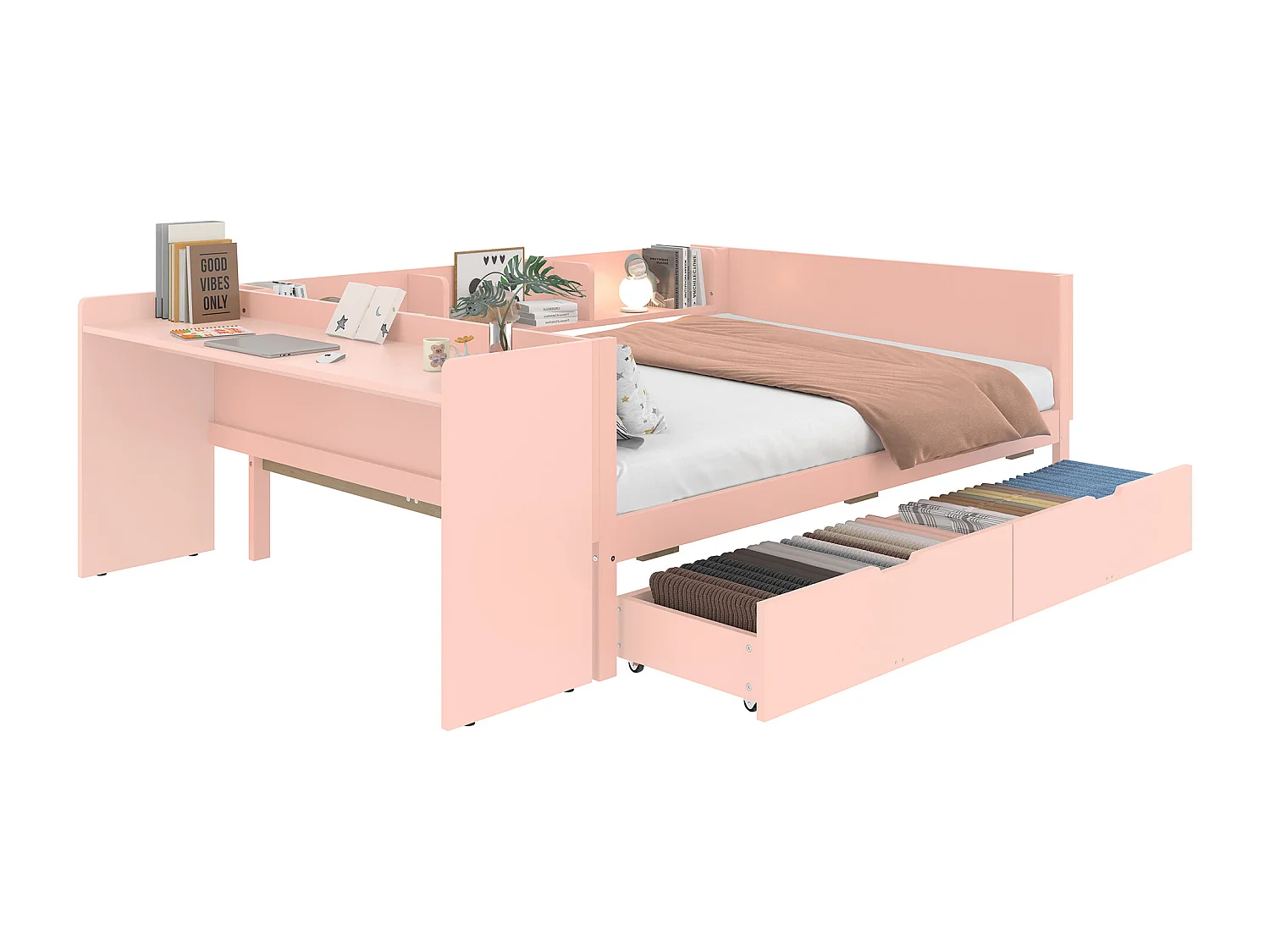 Lit avec Bureau et Rangements, Bois Massif, 140x200 cm, 2 Tiroirs, Étagères, Design Rose (242x164x73 cm)