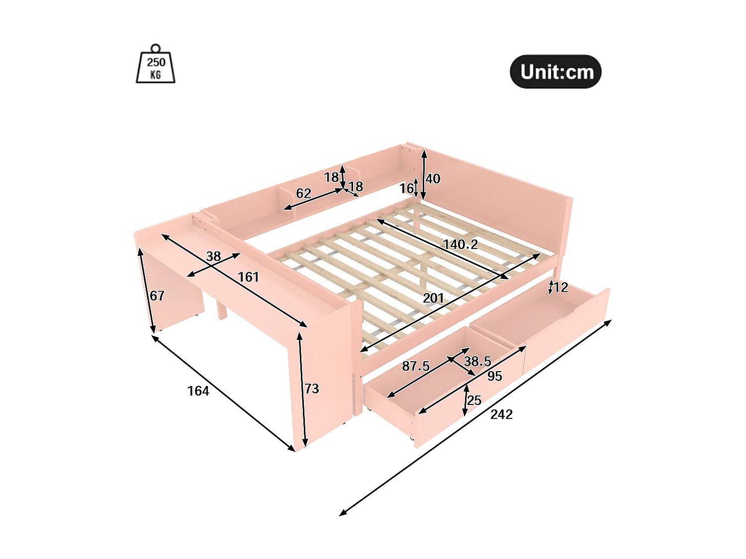 Lit avec Bureau et Rangements, Bois Massif, 140x200 cm, 2 Tiroirs, Étagères, Design Rose (242x164x73 cm)