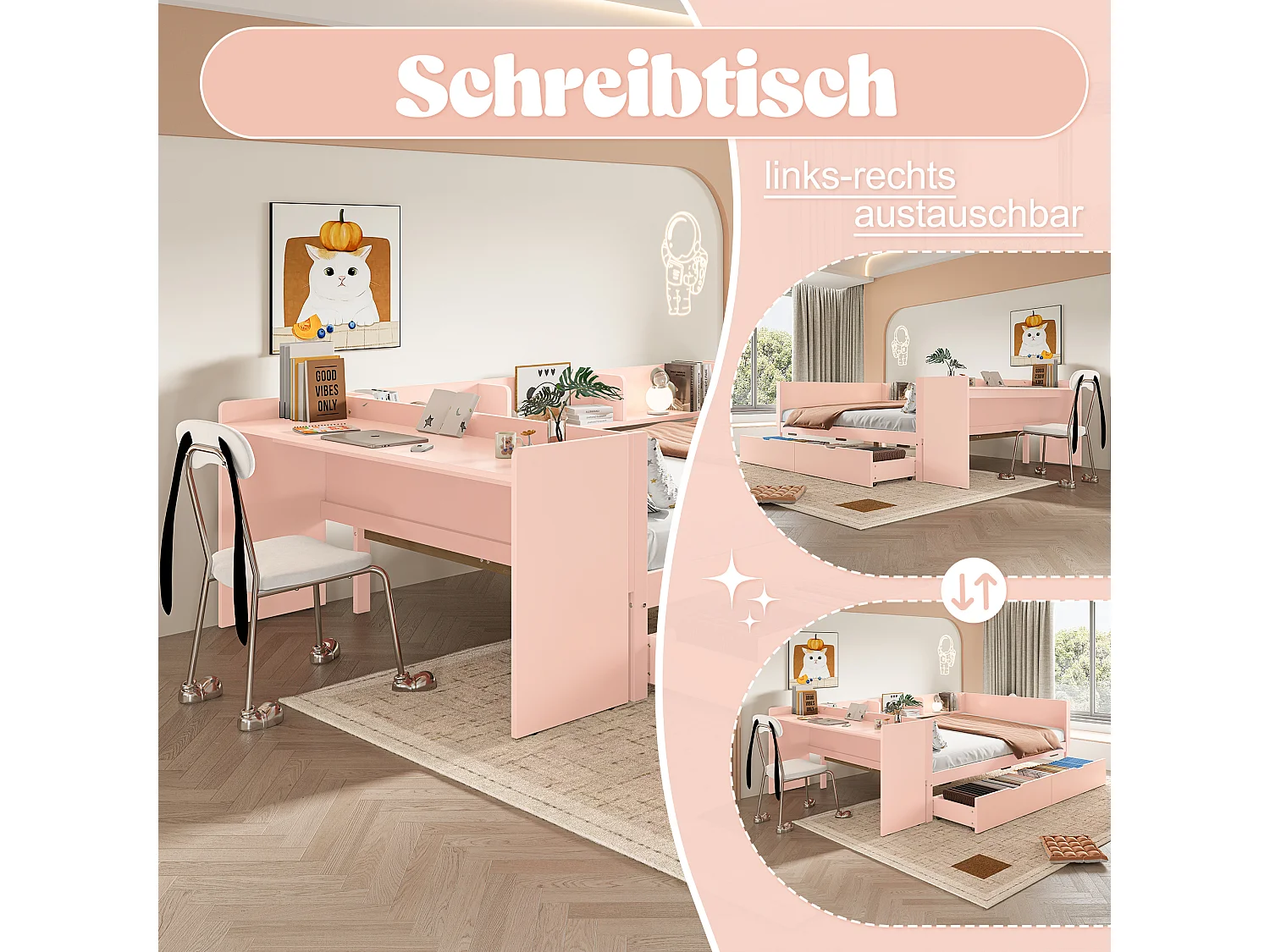 Lit avec Bureau et Rangements, Bois Massif, 140x200 cm, 2 Tiroirs, Étagères, Design Rose (242x164x73 cm)
