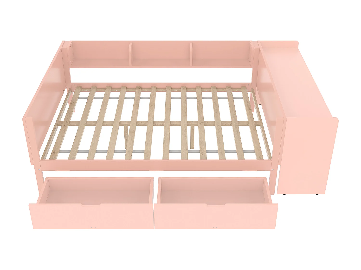 Lit avec Bureau et Rangements, Bois Massif, 140x200 cm, 2 Tiroirs, Étagères, Design Rose (242x164x73 cm)
