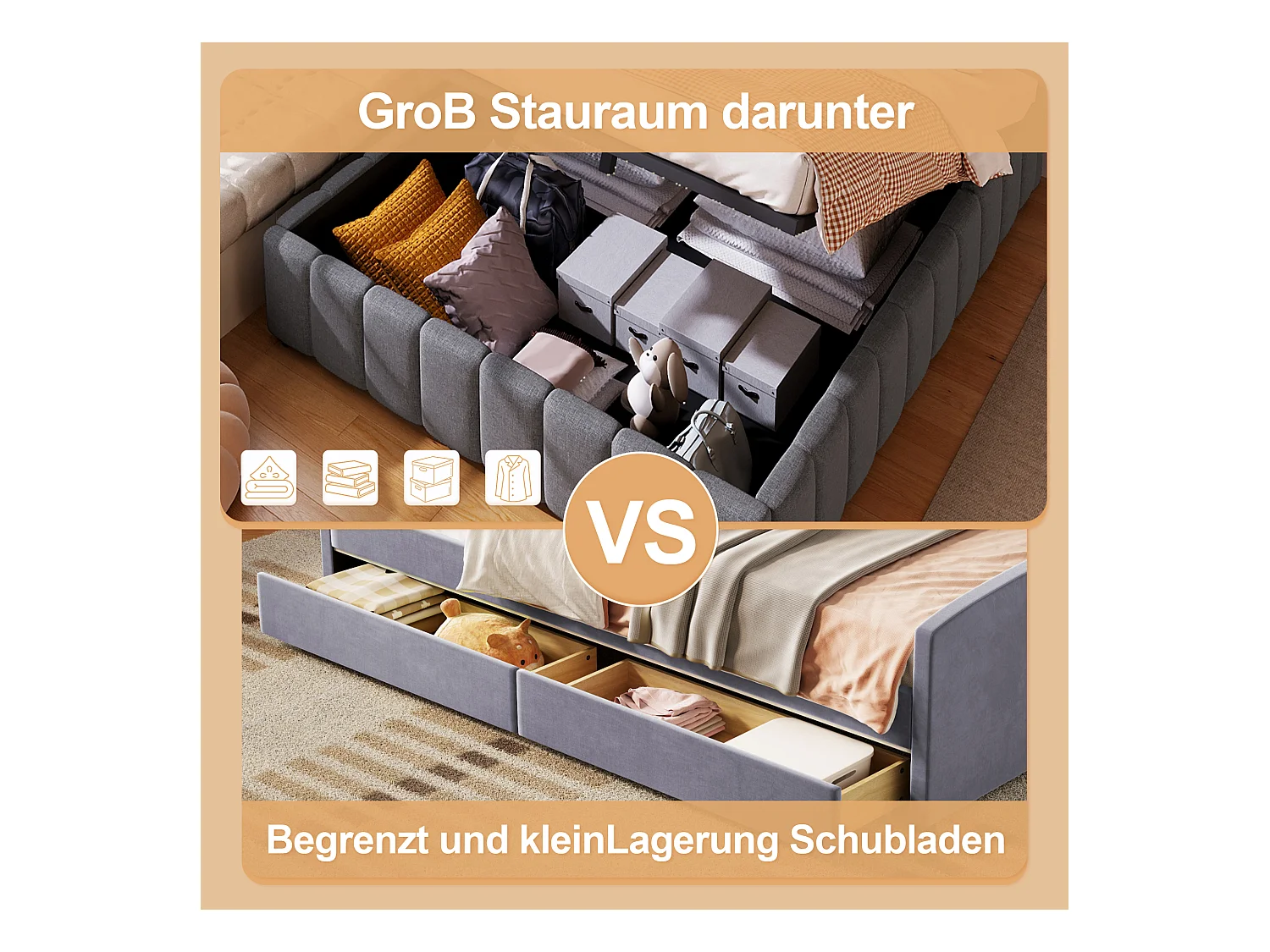 Lit avec stockage hydraulique, 140x200cm, sans tête de lit, lin, gris (201x141x32 cm)