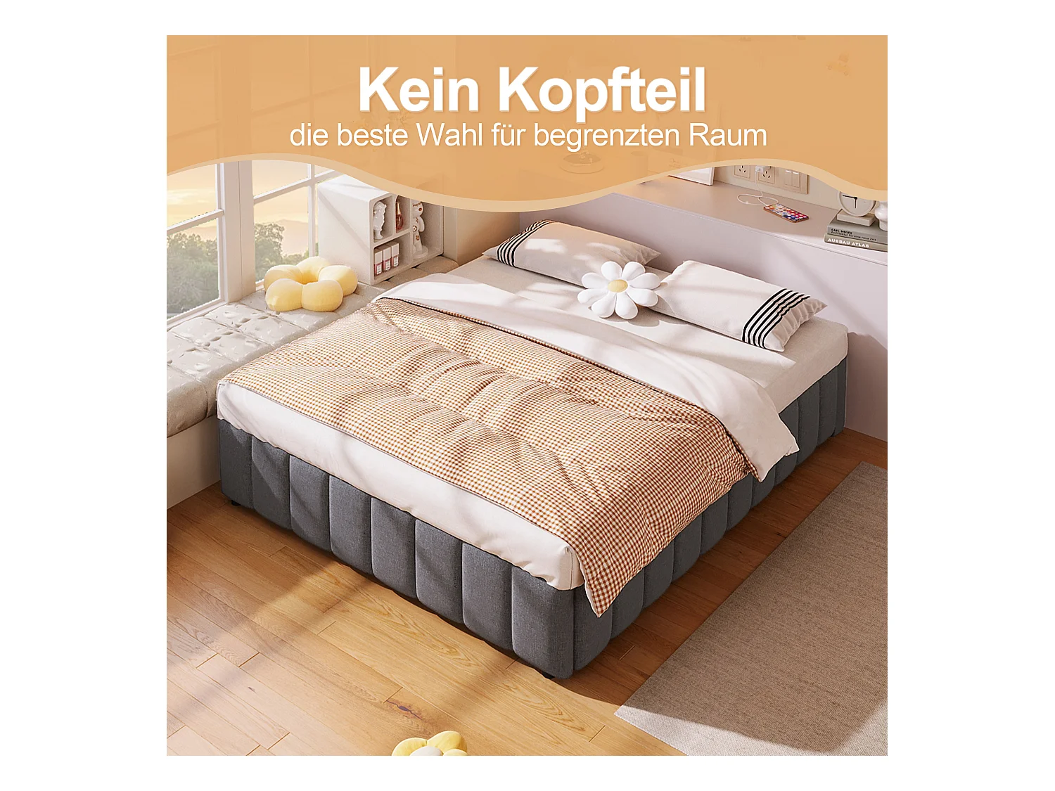 Lit avec stockage hydraulique, 140x200cm, sans tête de lit, lin, gris (201x141x32 cm)