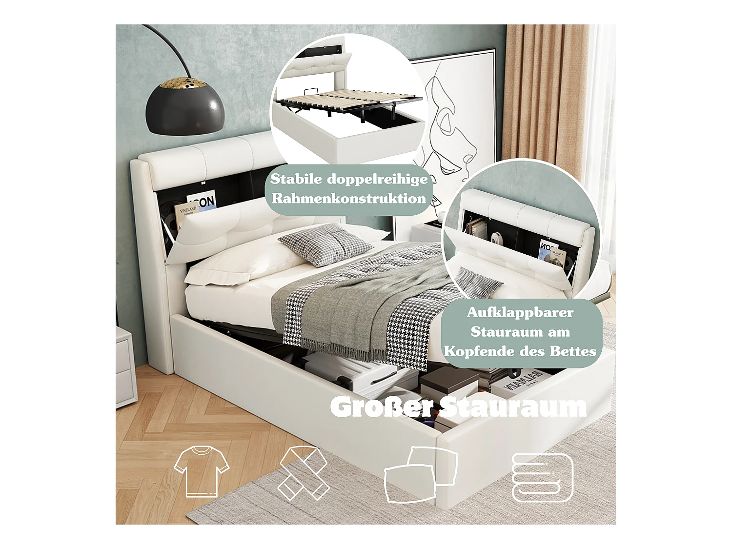 Lit rembourré avec rangement hydraulique, PU, blanc, avec tiroirs et tête de lit (196.8x30.5x17.7 cm)